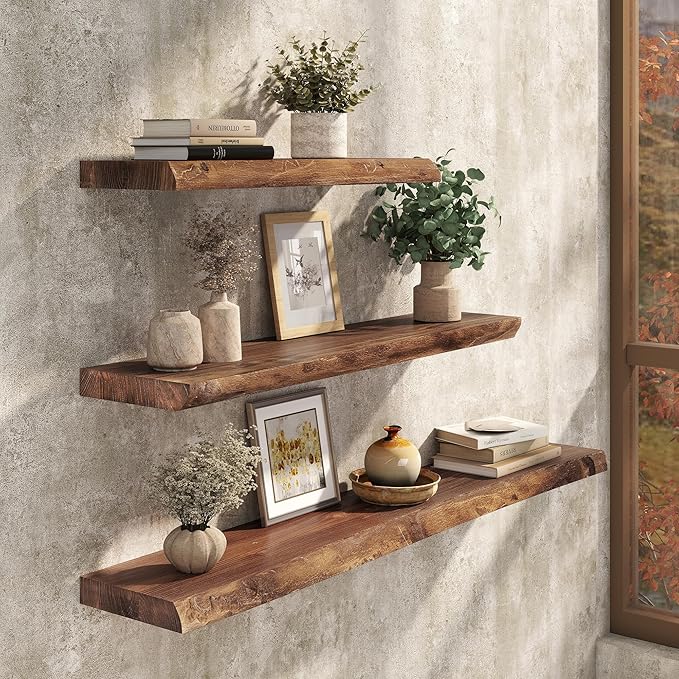 Live Edge Floating Shelf, 40 Inch Solid Elm Wood - Vintage Rustic Wood Wall Shelf with Invisible Brackets for Living Room, Kitchen, Bathroom