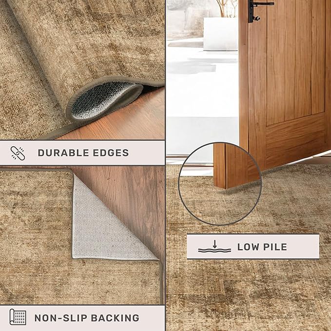 Farmhouse Kitchen Runners Rug 2x6, Washable Medallion Rug for Bathroom, Hallway, Entryway Indoor, Abstract Vintage Indoor Décor, Non Slip Rubber Backing, Stain Resistant Carpet (Gold Brown)