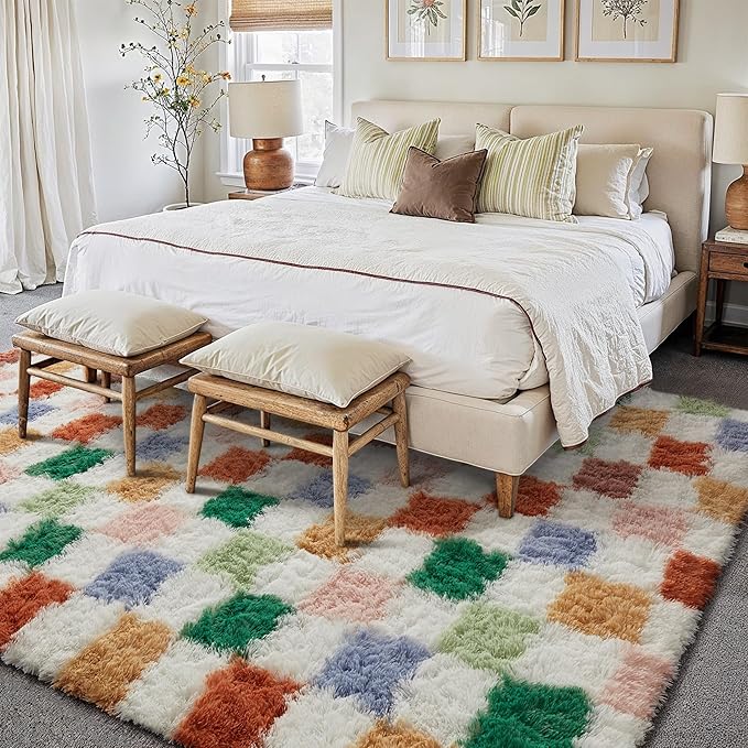 PureCozy Checkered Rug 7x10 for Living Room, Modern Neutral Shag Rug Washable Non-Slip Large Area Rug Super Soft Indoor Fuzzy Carpet Fluffy Rugs for Bedroom Home Aesthetic Decor