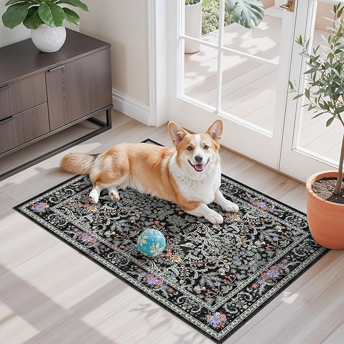 2x3 Entryway Rug Washable Non-Slip - Soft Low Pile Botanical Small Area Rug for Kitchen Bedroom - Boho Floral Indoor Door Mat with Rubber Backing (Vibrant Black, 2x3)