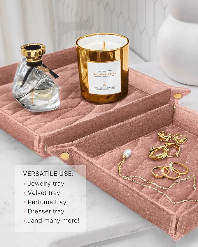 Benevolence LA Perfume & Jewelry Trays for Dresser, Set of 2 | Vanity Valet Organizer, Catch-All Tray for Makeup & Accessories | Decorative Desk & Dressing Table Organizer – Dusty Pink
