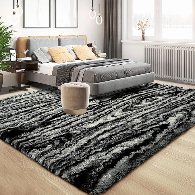 Tepook Area Rugs 9x12 for Living Room, Super Soft Fluffy Rugs for Bedroom, Modern Shaggy Rug Fuzzy Carpets for Kids, Plush Indoor Nursery Home Decor Rug with Non-Slip Bottom, Black White