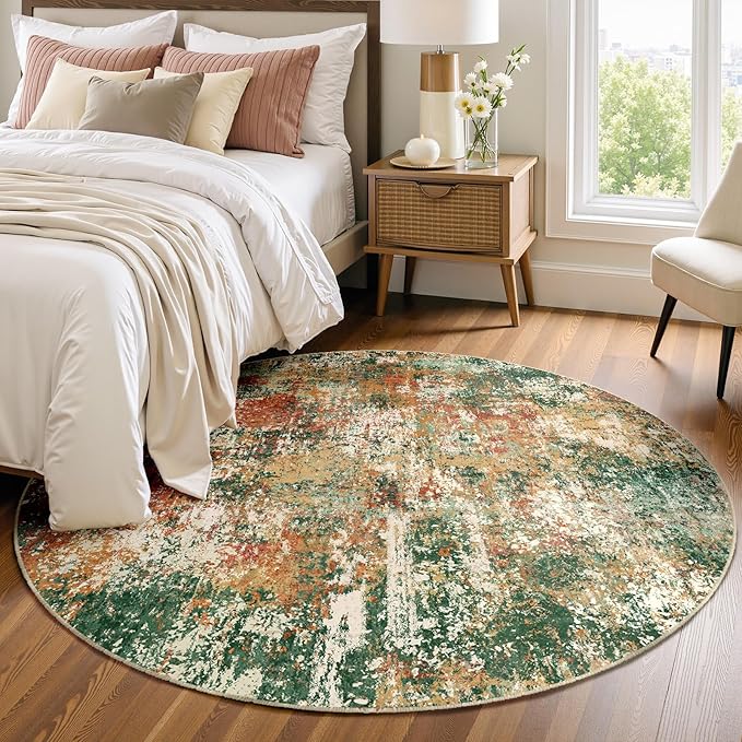 RELEANY Washable Area Rugs 4ft Non-Slip Modern Abstract Soft for Living Room Entryway Bedroom Nursery, Print Pattern, Green Orange Rust Red Cream Colorful