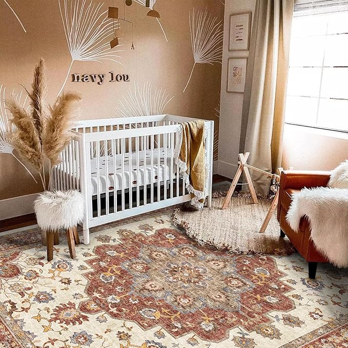 TOPRUUG Washable Oriental Area Rug - 5x8 Rugs for Living Room Soft Carpet for Bedroom Waterproof Floral Distressed Indoor Stain Resistant Non-Shedding Floor Carpets (Red, 5x8)