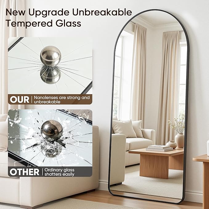 Antok Full Length Mirror, 58"x17" Floor Mirror with Stand, Hanging Mounted Mirrors for Bedroom, Living Room, Cloakroom, Dining Room, Black, Arch
