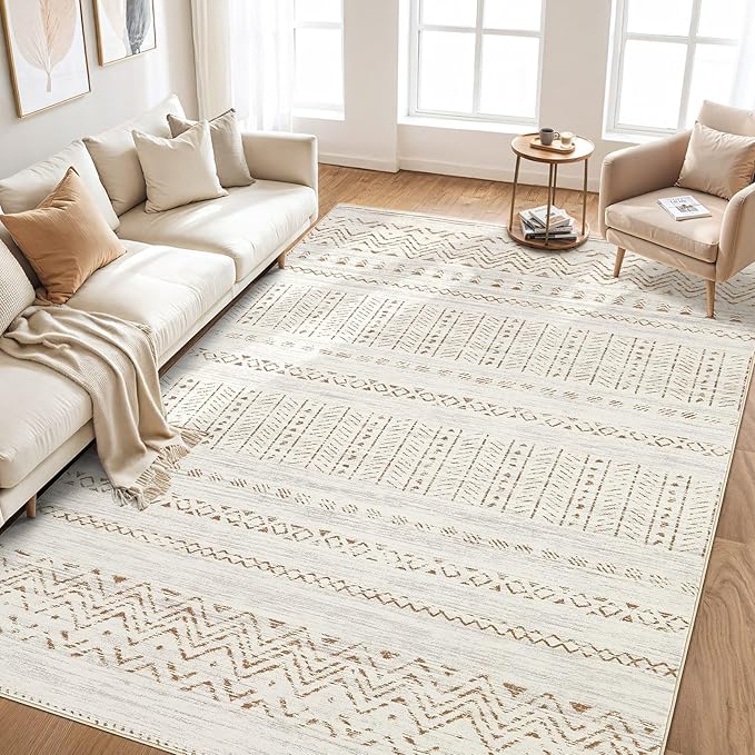 cotiled 5x7 Area Rug Living Room: Washable Boho Rugs with Non Slip Backing Large Soft Indoor Stain Resistant Carpet for Bedroom Farmhouse Dining Room Lightweight Home Decor Brown/Cream