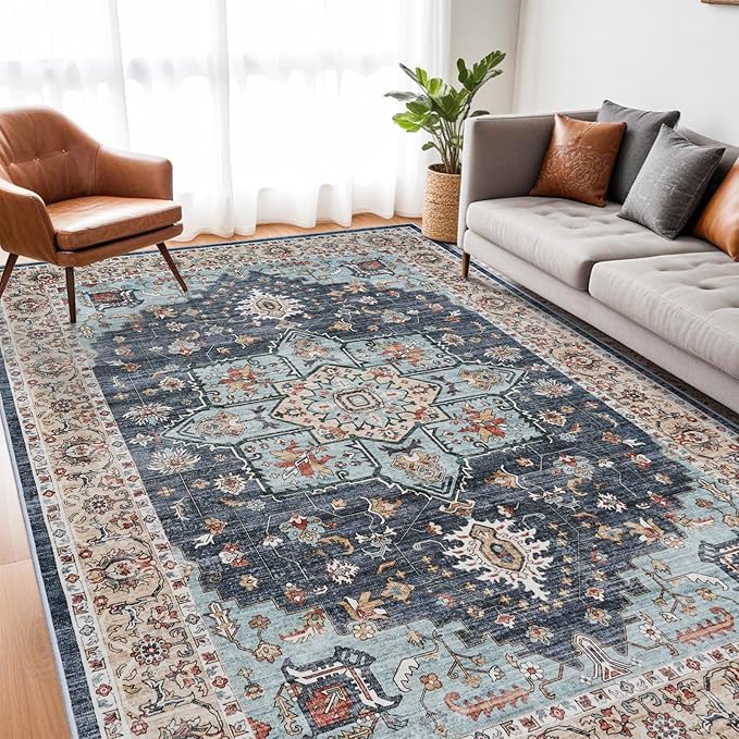 TOPRUUG Washable Oriental Area Rug - 7x9 Rugs for Living Room Soft Carpet for Bedroom Waterproof Floral Distressed Indoor Stain Resistant Non-Shedding Floor Carpets (Blue/Teal/Orange, 7x9)