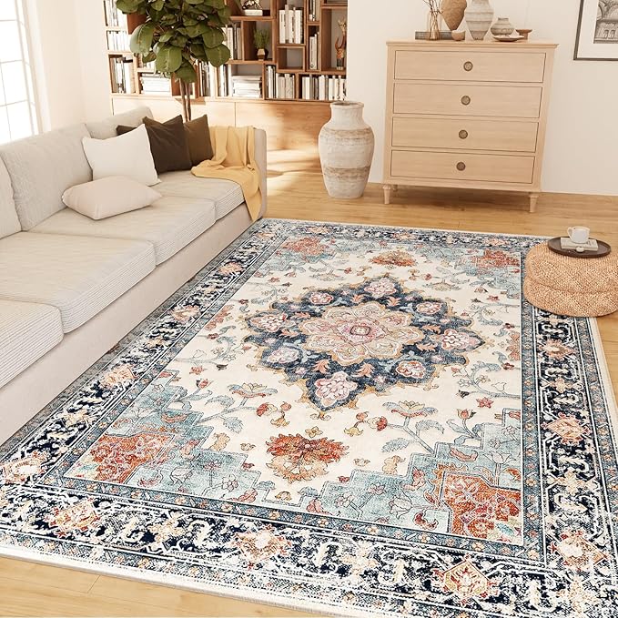 CAPALOCA Machine Washable Rugs Nursery Rug 6x9 Cute Girl Non Slip Low Pile Water Repellent Soft Print Pattern for Bedroom Indoor Decor Kids Playroom Bluebeige