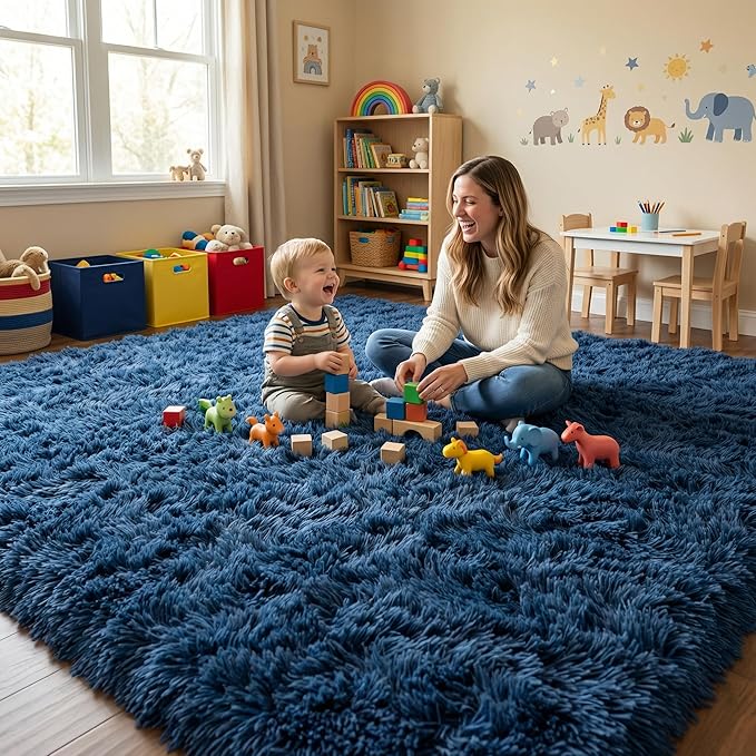 Large Area Rugs for Living Room, 7x10 Soft Fluffy Shaggy Rug, Machine Washable Non-Slip Plush Fuzzy Indoor Carpet, Aesthetic Home Decor for Bedroom,Kids Room,Nursery,Dorm, Navy Blue