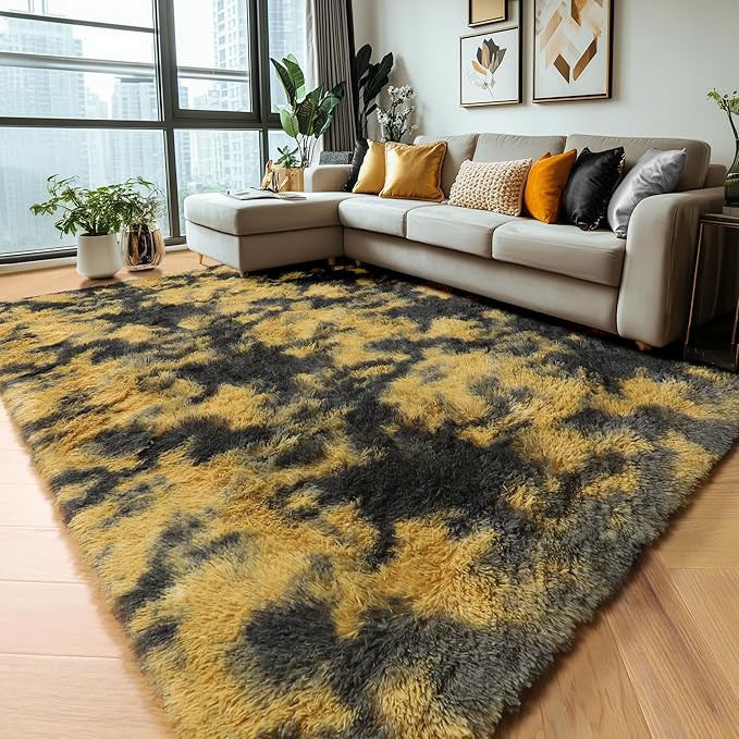 Amdrebio Black Gold Yellow Grey Rugs for Living Room Bedroom Decor, 6x9 Large Fluffy Furry Fuzzy Area Rug for Kids Room Dorm Home Office, Modern Cool Leopard Cheetah Shag Carpet for Teen Boys Men