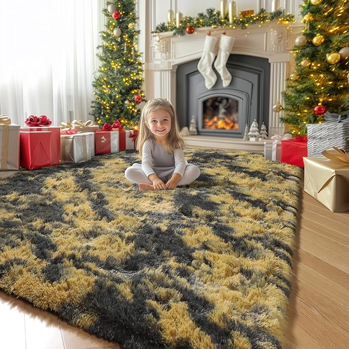 Amdrebio Black Gold Yellow Grey Rugs for Bedroom Living Room Decor, Fluffy Furry Fuzzy Shaggy Area Rug 5x7 for Kids Room Dorm Home Office, Modern Cool Leopard Cheetah Shag Carpet for Teen Boys Men