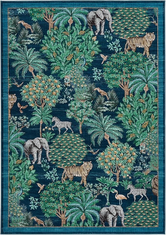 GarveeHome Jungle Animal Print Rug 3x5 Washable Area Rugs for Living Room, Forest Rug Non Slip Soft Low Pile Stain Resistance Throw Carpet for Bedroom Kids Playroom Nursery Blue