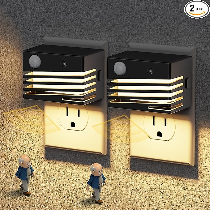 JandCase Motion Sensor Night Light, [2 Pack] Night Lights Plug into Wall, Dusk to Dawn & Motion Sensor, 3 Level Brightness Dimmable Plug in Night Light, 3000K Nightlight for Bedroom Bathroom Hallway