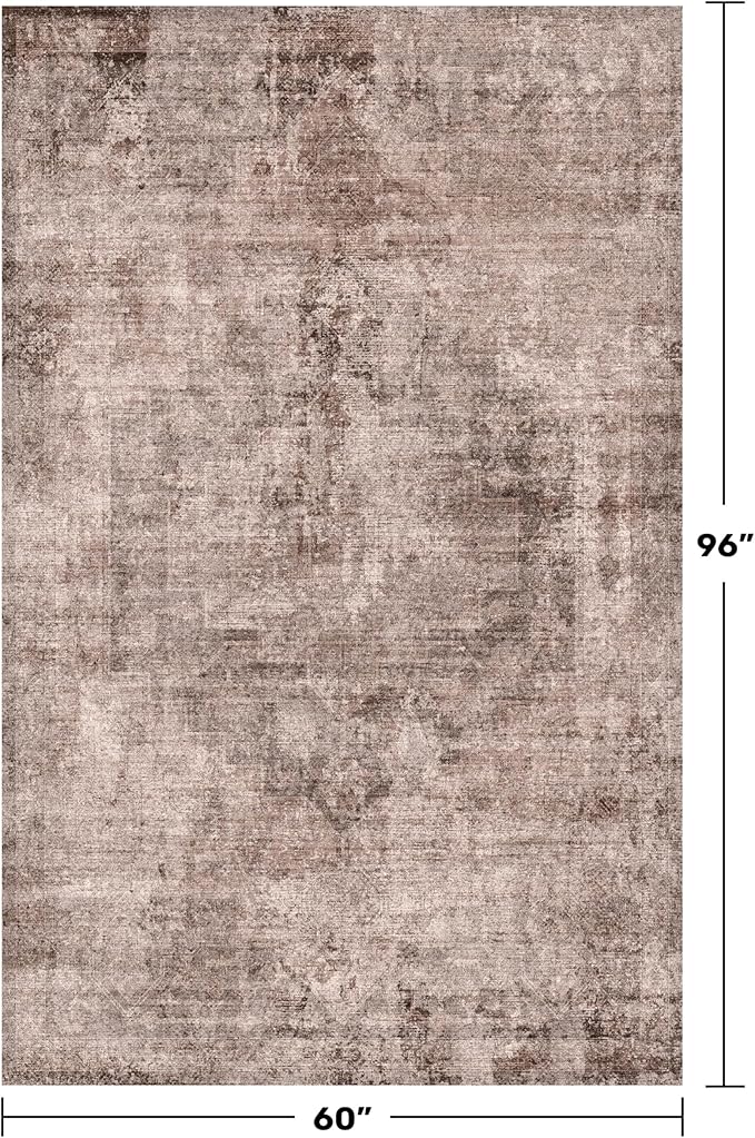 Hazo Haus 5x8 Washable Area Rug for Living Room, Warm Retro Brown Rug with Red Accents, Low Pile Stain Resistant Carpet for Entryway, Foyer, Hall and Mudroom