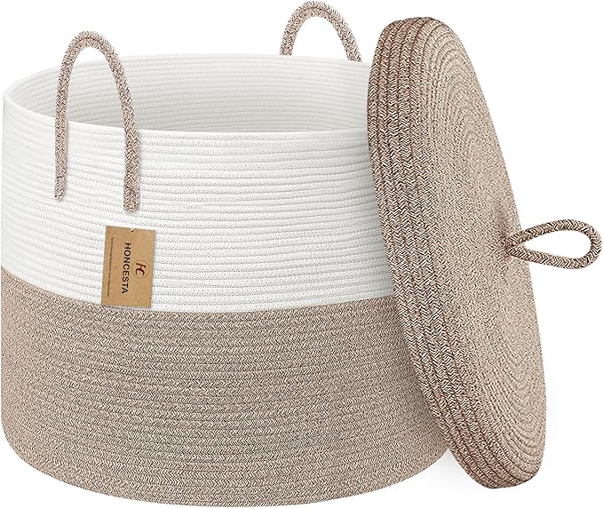 18" X18“ X 14" Large Storage Basket with Lid, Blanket Basket Living Room, Woven Cotton Rope Storage Box, Lidded Kids Dog Toy Bin, Wicker Laundry Basket, Blankets Pillows Organizer Holder