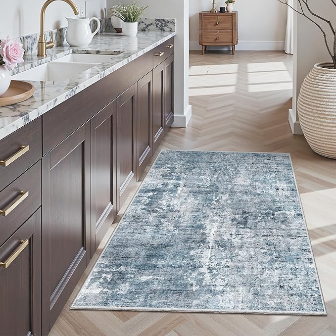 Soalmost 3x4 Rug, Small Area Rug for Kitchen, Entryway, Machine Washable Non-Slip Throw Rug, Vintage Carpet for Nursery Coffee Table Blue/Grey