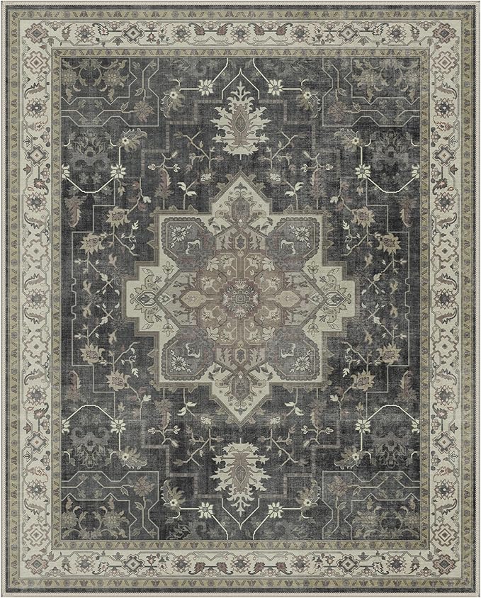 GENIMO 8x10 Area Rugs for Living Room, Machine Washable Rug, Non Slip Indoor Vintage Rug, Low Pile Lightweight Chenille Print Carpet for Bedroom Dining Room Home Office, Muted Charcoal Beige