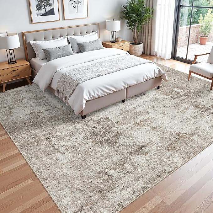11x11 Square Area Rug for Living Room–Washable Non-Slip Soft Large Rug for Bedroom Playroom – Low-Pile Stain-Resistant Modern Abstract Neutral Indoor Carpet (Beige Grey,11ft)