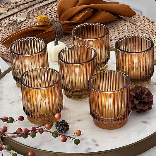 Kate Aspen Vintage Glass Tealight & Amber Votive Candle Holders (Set of 6) Rustic Fluted Candle Holder Set, Boho Home Decor, Wedding Table Centerpieces, Farmhouse Kitchen Table Decor