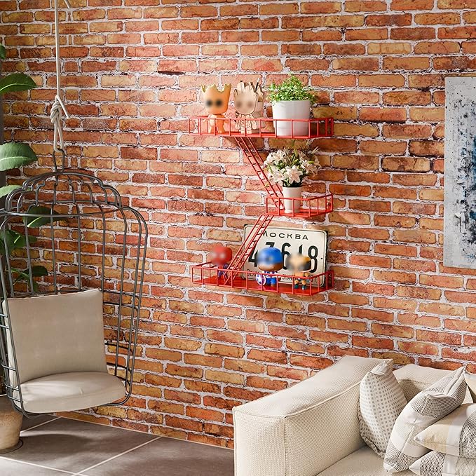 Fire Escape Shelf - 3 Tier Metal Large Red Fire Escape Wall Shelf, New York Action Figurine Display Shelf, Decorative Wall Shelf, Unique Rustic Floating Shelves for Bedroom, Bathroom (17 inch)