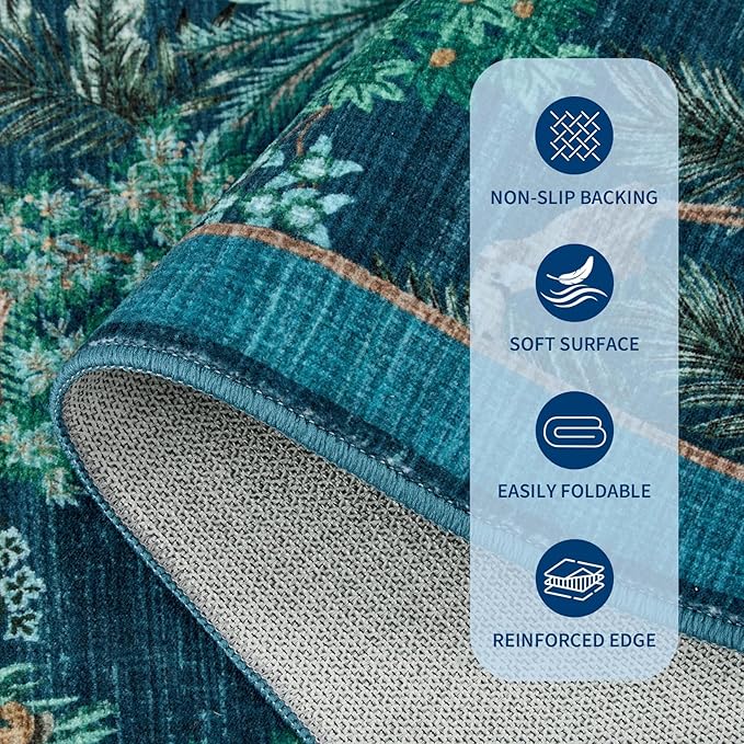 GarveeHome Jungle Animal Print Rug 3x5 Washable Area Rugs for Living Room, Forest Rug Non Slip Soft Low Pile Stain Resistance Throw Carpet for Bedroom Kids Playroom Nursery Blue
