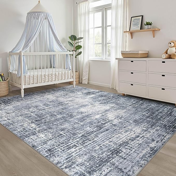 7x10 Area Rug Living Room: Washable Large Neutral Navy Rug Abstract Soft Modern Stain Resistant Indoor Floor Non-Slip Carpet for Bedroom Nursery Kids Office Playroom Dining Room Under Table Home