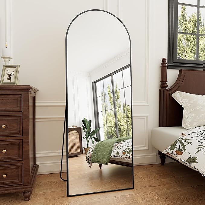 Rowjut 64"x21"Floor Mirror Arched Full Length Mirros, Mirror Floor Length Standing Hanging or Leaning & Large Full Body & Wall Mirror for Bedroom, Living Room, Aluminum Frame, Black