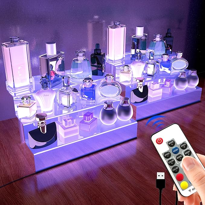 12 IN Clear Acrylic Display Riser Shelf with LED light,3 Tier Display Step Shelves Holder, Perfume Cologne Organizer Holder,Pops Toys Figures, Clear Cupcake Riser, Dessert Shelf, Decoration on Tabletop(2 Pack)