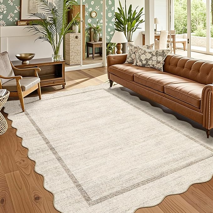 GarveeHome Scalloped Washable Rug 9x12 Area Rug for Bedroom Modern Living Room Rug Farmhouse Non Slip Large Area Rug Soft Throw Rugs Stain Resistant Carpet for Dining Room Nursery Beige 9'x12'