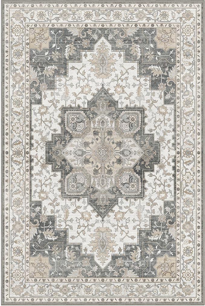 GENIMO 3x5 Area Rugs for Living Room, Machine Washable Rug, Non Slip Indoor Vintage Rug, Low Pile Lightweight Chenille Print Carpet for Bedroom Dining Room Home Office, Heathered Grey