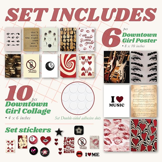 97 Decor Downtown Girl Room Decor - Y2K Room Decor Aesthetic 2000s, Mini Downtown Girl Posters for Room Aesthetic, Small Red Coquette Wall Decor Y2k Wall Art Prints for Teen Girls (8x10 Unframed)