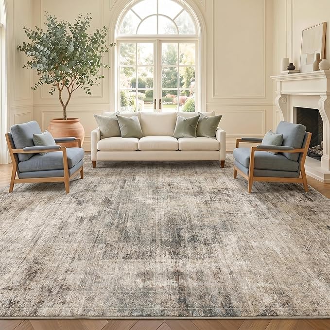 Washable Area Rug 8x10 for Living Room - Ultra-Soft Vintage Distressed Farmhouse Rug, Neutral Taupe Brown Foldable Large Carpet with Non-Slip Backing for Bedroom & Cozy Rustic Decor