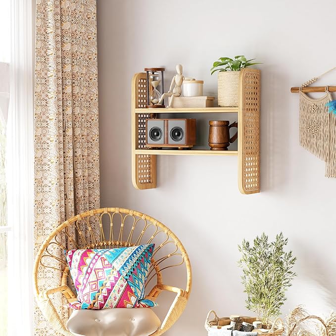 2-Tier Natural Rattan Wall Shelf, Cute Hanging Book Shelves Storage, Decorative Natural Display Shelves, Boho Floating Shelf for Nursery, Bedroom, Living Room