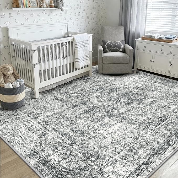 CAPALOCA Machine Washable Rugs Nursery Rug Sq6ft Cute Girl Non Slip Low Pile Water Repellent Soft Print Pattern for Bedroom Indoor Decor Kids Playroom Grey
