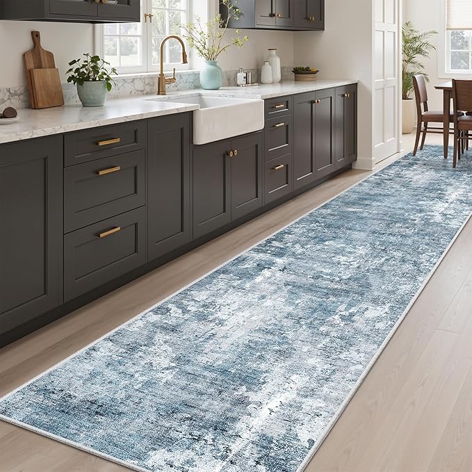 Soalmost Runner Rug 2'6" x 12' Washable Non-Slip 2.5x12 ft Long Runner Rugs for Kitchen Bathroom Laundry Room Vintage Ultra Thin Runners for Hallway Entryway Blue/Grey