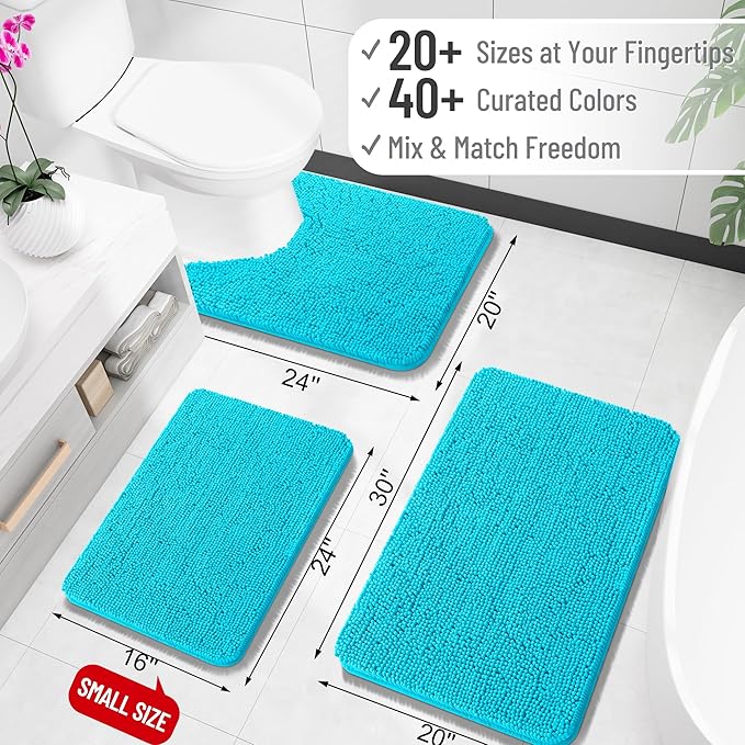 OLANLY Bathroom Runner Rugs 70x24, Soft Absorbent Chenille Bath Rugs, Rubber Backing Quick Dry, Machine Washable Long Bath Mats for Bathroom Floor, Tub and Shower, Home Decor Accessories, Aqua Sky