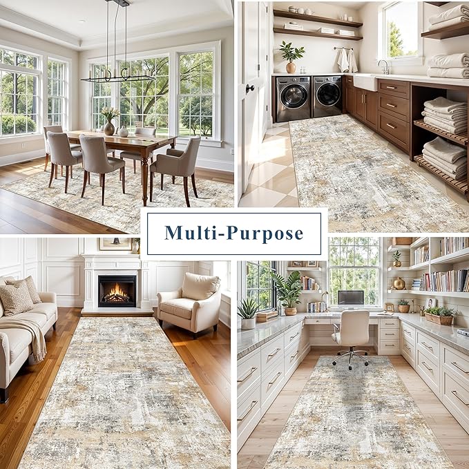 4x10 ft Extra Wide Hallway Rug – Non-Slip Washable Rubber-Backed Large Carpet Runner for Kitchen, Entryway | Modern Abstract, Low-Pile Thin Floor Mat for Bedroom Living Room Dining Room (Gold Grey)