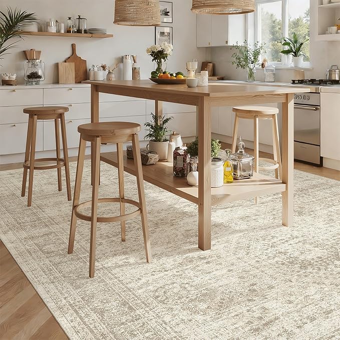Soalmost Washable Area Rug 8x12, Large Soft Rugs for Living Room Vintage Beige Carpet 8x12 Area Rugs for Bedroom Dining Room Non-Slip Stain Resistant Under Table Rug