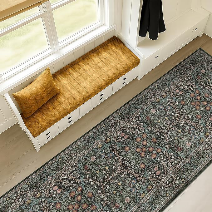Dark Green 2x8 Runners for Hallways, 8ft Long Floor Runner for Kitchen, Entryway Indoor, Washable Non Skid Rubber Backing Stain Resistant - Vintage Floral Décor