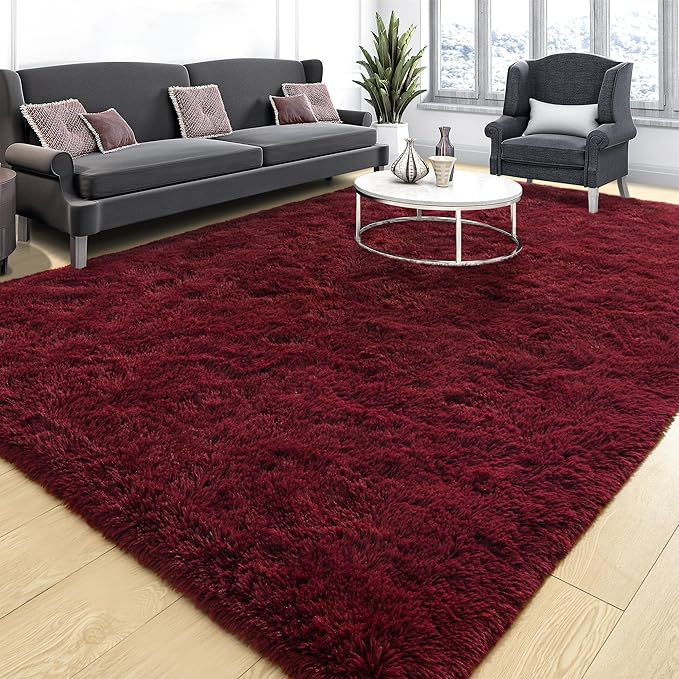 Tepook Fluffy Large Rugs for Living Room, 8x10 Area Rugs for Bedroom, Modern Shag Fuzzy Carpets for Kids Boys Girls, Plush Indoor Nursery Home Decor Rug with Non-Slip Bottom, Burgundy Red