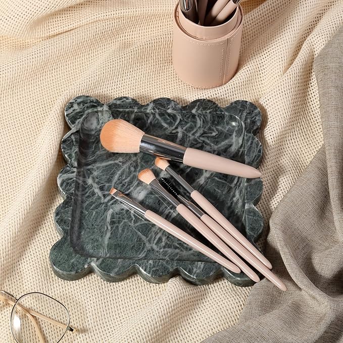 Marble Decorative Tray, Green Square Scalloped Vanity Tray for Coffee Table Decor, Vintage Jewelry Trinket Dish for Rings Earrings, Unique Natural Necklaces Holder for Mom, Nightstand Tray