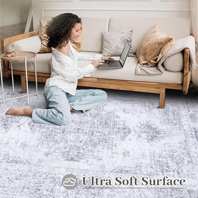 XLUEZ Area Rug 6x9 Living Room Rug, Machine Washable Vintage Distressed Medallion Rug Non-Slip Soft Low Pile Large Indoor Rugs for Bedroom Kitchen Dining Room Office(LightGrey,6'x9')