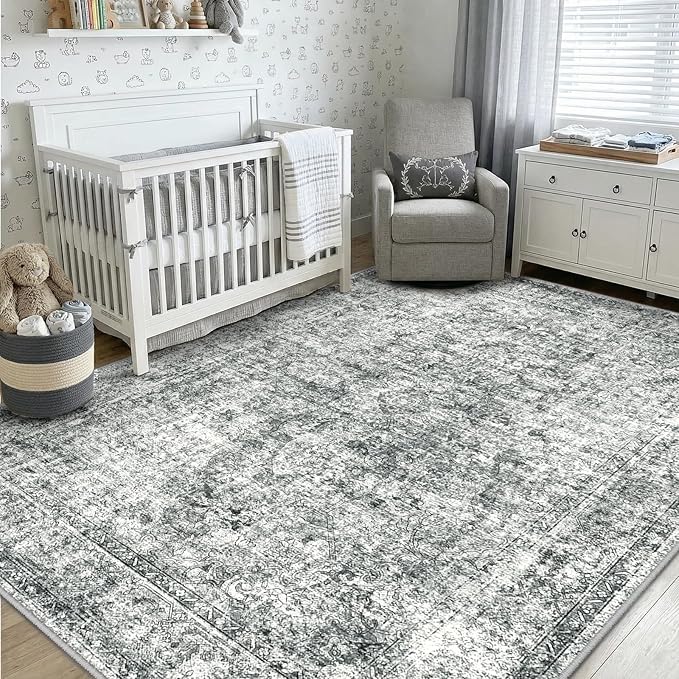 CAPALOCA Machine Washable Rugs Nursery Rug 6x9 Cute Girl Non Slip Low Pile Water Repellent Soft Print Pattern for Bedroom Indoor Decor Kids Playroom Grey