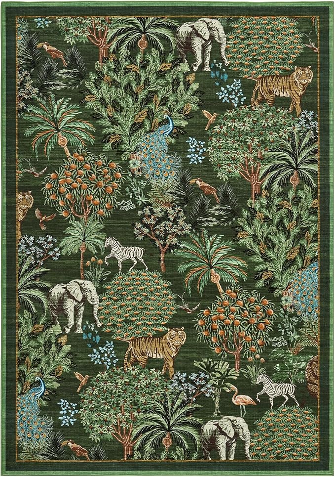 GarveeHome Jungle Rug 10x13 Washable Area Rugs for Living Room, Dark Green Animal Print Rug Non Slip Low Pile Forest Stain Resistance Large Throw Carpet for Kids Bedroom Nursery Playroom Dining Room