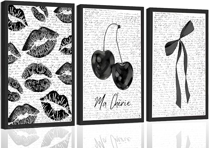 3Pcs Fashion Black White Lips And Cherry Canvas Wall Art Vintage Girl Funky Aesthetic Bow Wall Decor Ma Cherie Dark Coquette Posters Prints for Neutral Preppy Apartment Girl Room16x24in Unframed (poster, 16x24inx3pcs)
