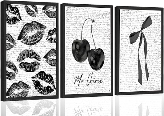 3Pcs Fashion Black White Lips And Cherry Canvas Wall Art Vintage Girl Funky Aesthetic Bow Wall Decor Ma Cherie Dark Coquette Posters Prints for Neutral Preppy Apartment Girl Room16x24in Unframed (poster, 16x24inx3pcs)