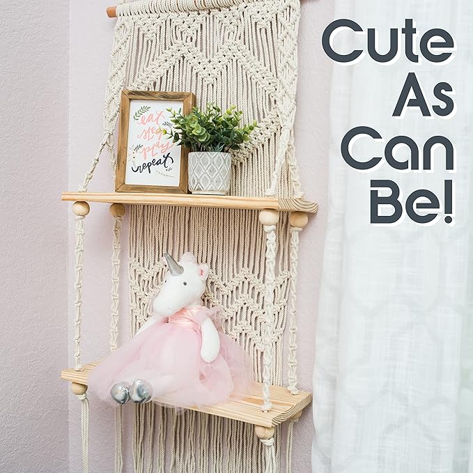SnugLife 2 Tier Macrame Wall Hanging Shelf with Woven Rope - Boho Pine Wood Shelves for Plants, Bathroom, Kitchen