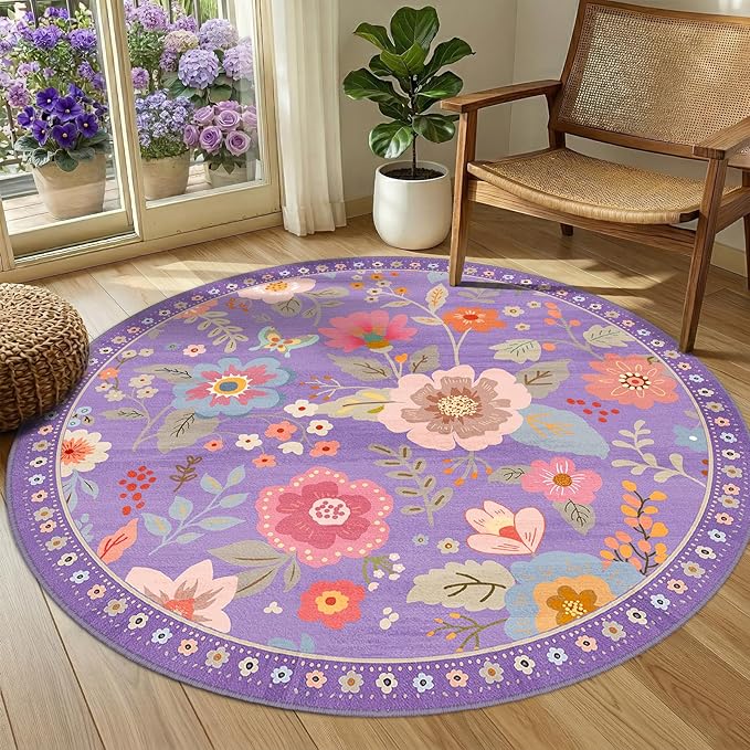 RELEANY Floral Nursery 4ft Area Rugs Washable Print Boho Cute Carpet Non Slip Flower Low Pile for Living Room Kids Girls Playroom Bedroom Kitchen Office Farmhouse-Purple/Pink/Multi