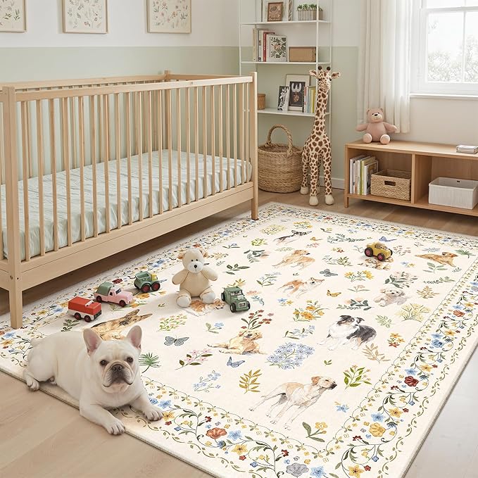 Soalmost Dog 6x9 Area Rugs for Living Room, Machine Washable Animal Floral Vintage Rug Non-Slip Low Pile Soft Throw Rugs for Bedroom Dining Room Kitchen Nursery Playroom (6 x 9,Beige)