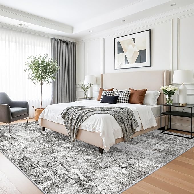 10x10 ft Square Living Room Rug – Washable Modern Abstract Area Rug for Bedroom, Dining Room, Playroom – Neutral Non-Slip Low-Pile Thin Indoor Carpet (Grey)